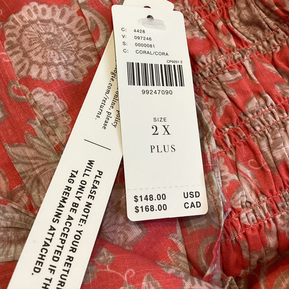 Anthropologie Peregrine Mini Dress Sleeveless V-Neck Smocked New 2X Coral Floral - Picture 11 of 14